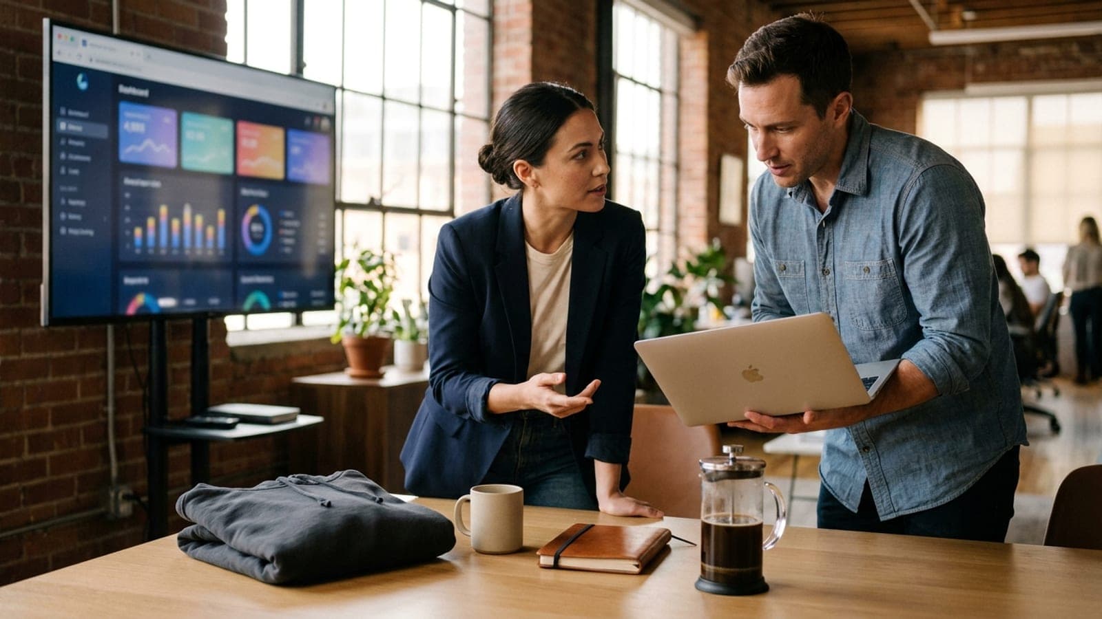 Two professionals reviewing a corporate gifting campaign dashboard with product samples on the table