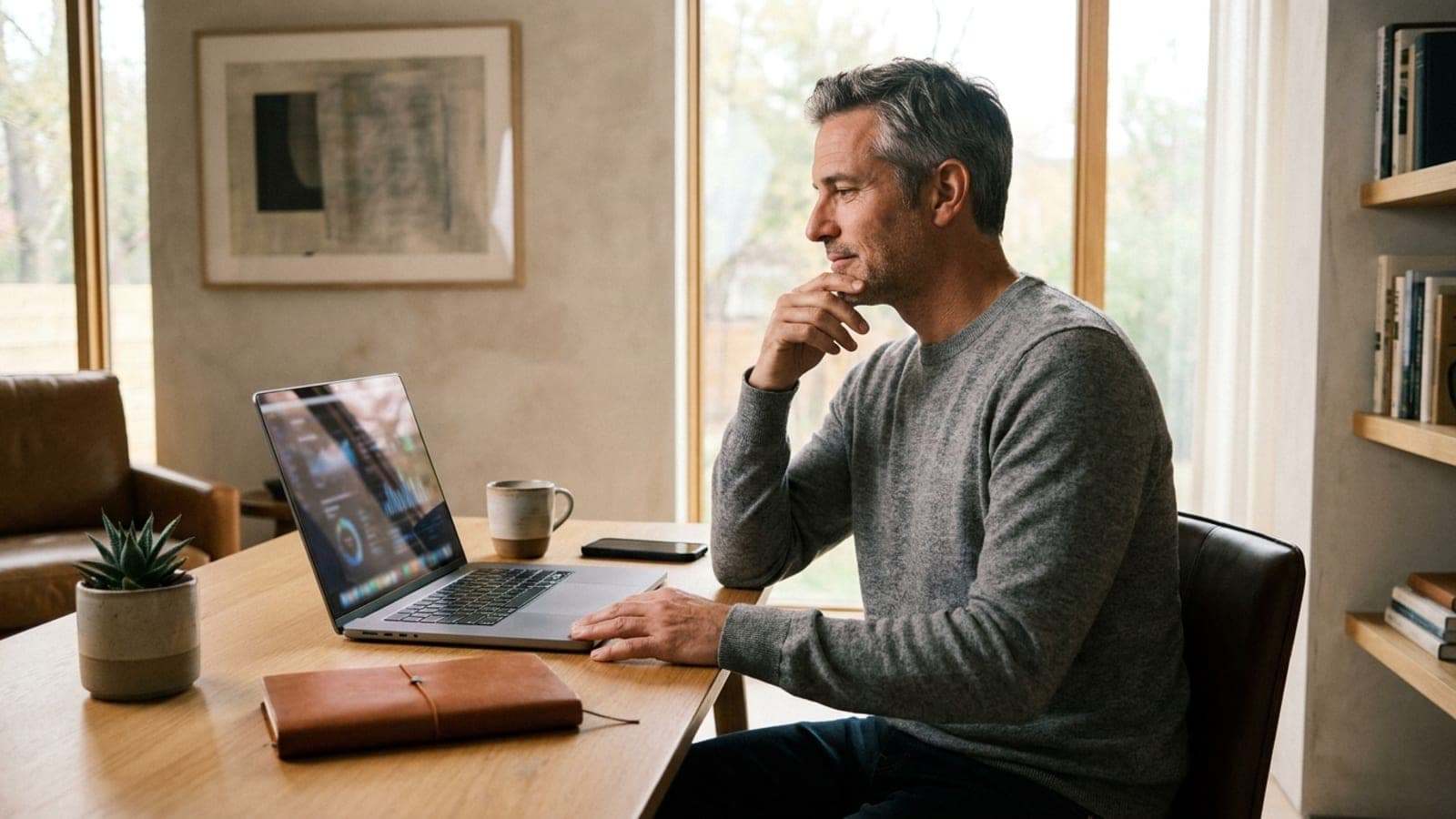 The same operator at his desk in daylight, looking at a dashboard with quiet recognition