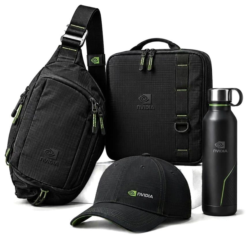Custom NVIDIA sling, laptop bag, cap and bottle