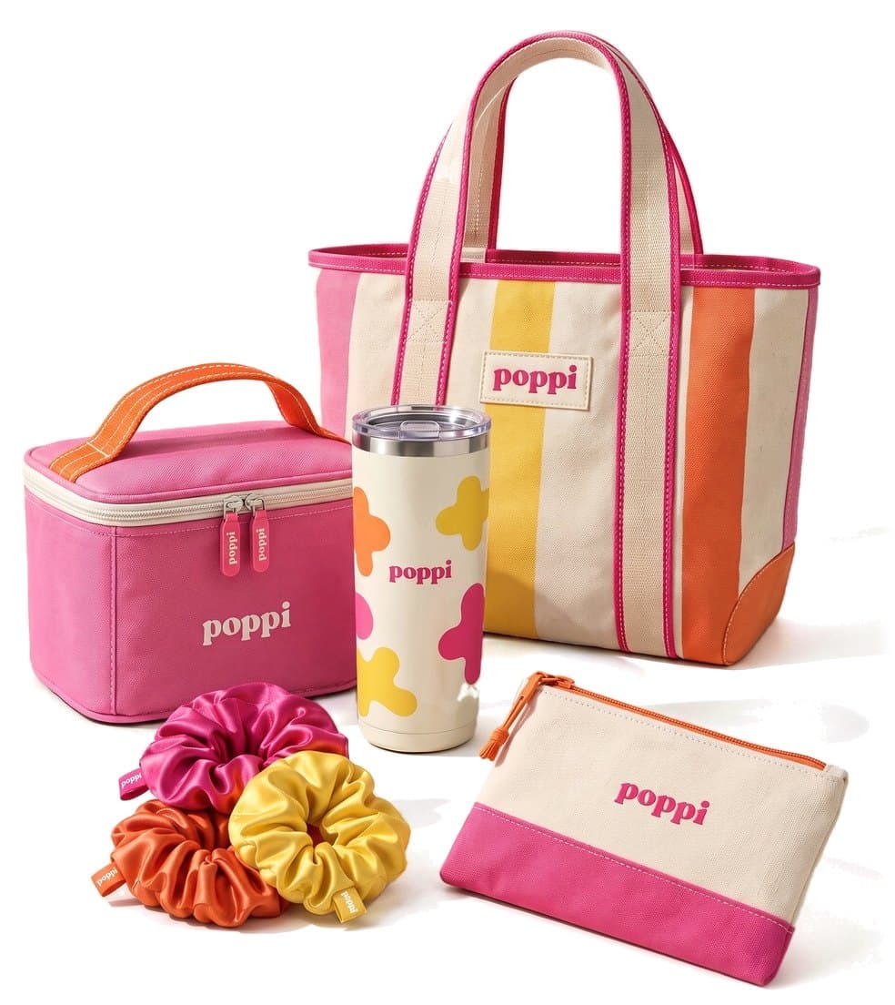 Custom poppi tote, cooler, tumbler, scrunchies and pouch