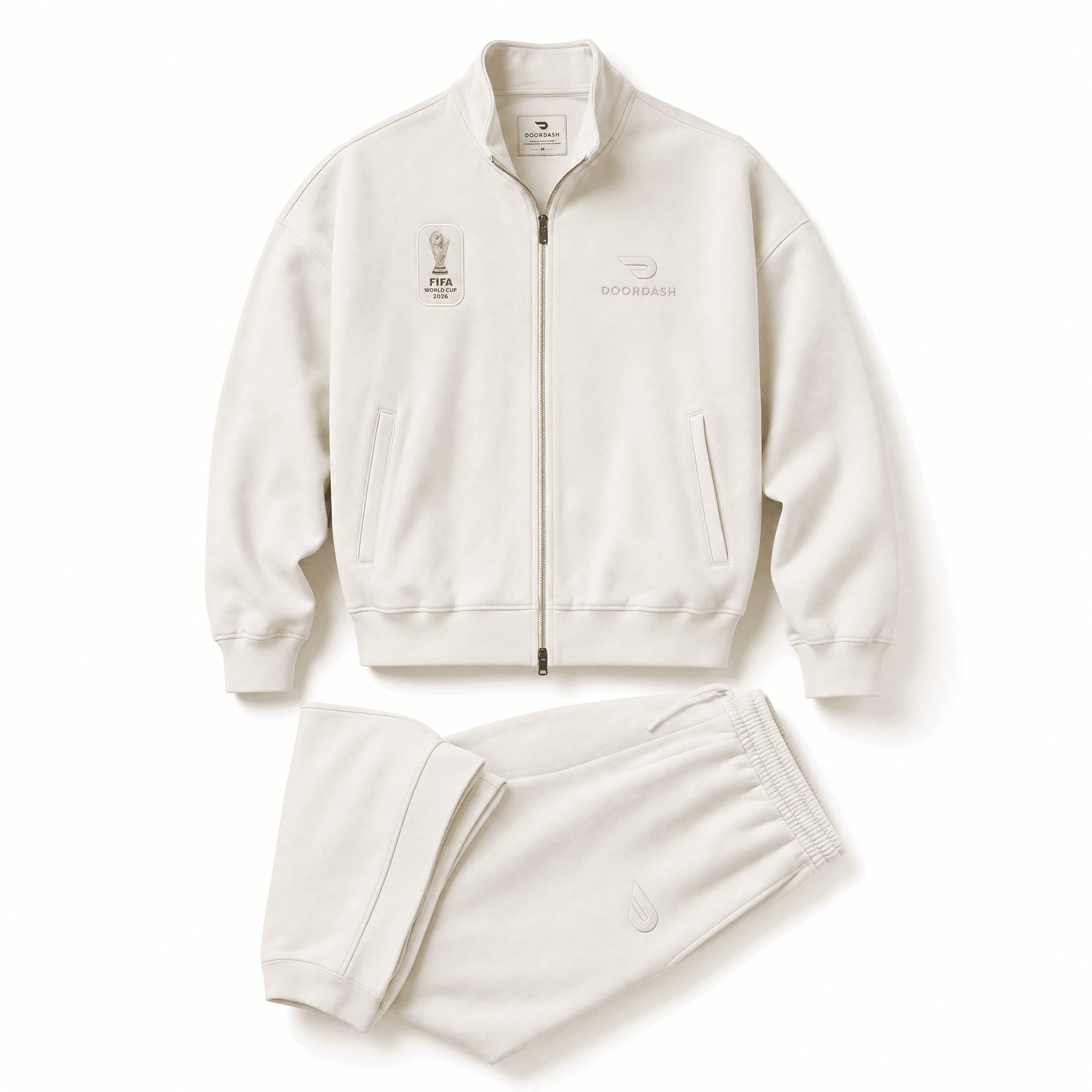 Custom executive tracksuit developed for DoorDash's FIFA World Cup 2026 sponsorship campaign.