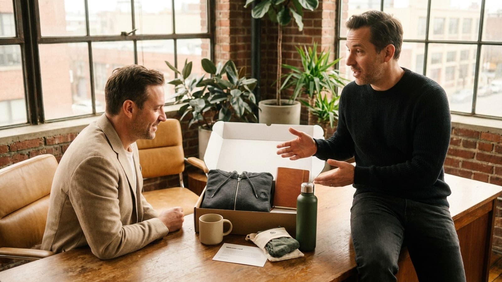 Two enterprise peers in a Brooklyn loft office reviewing a branded welcome kit together