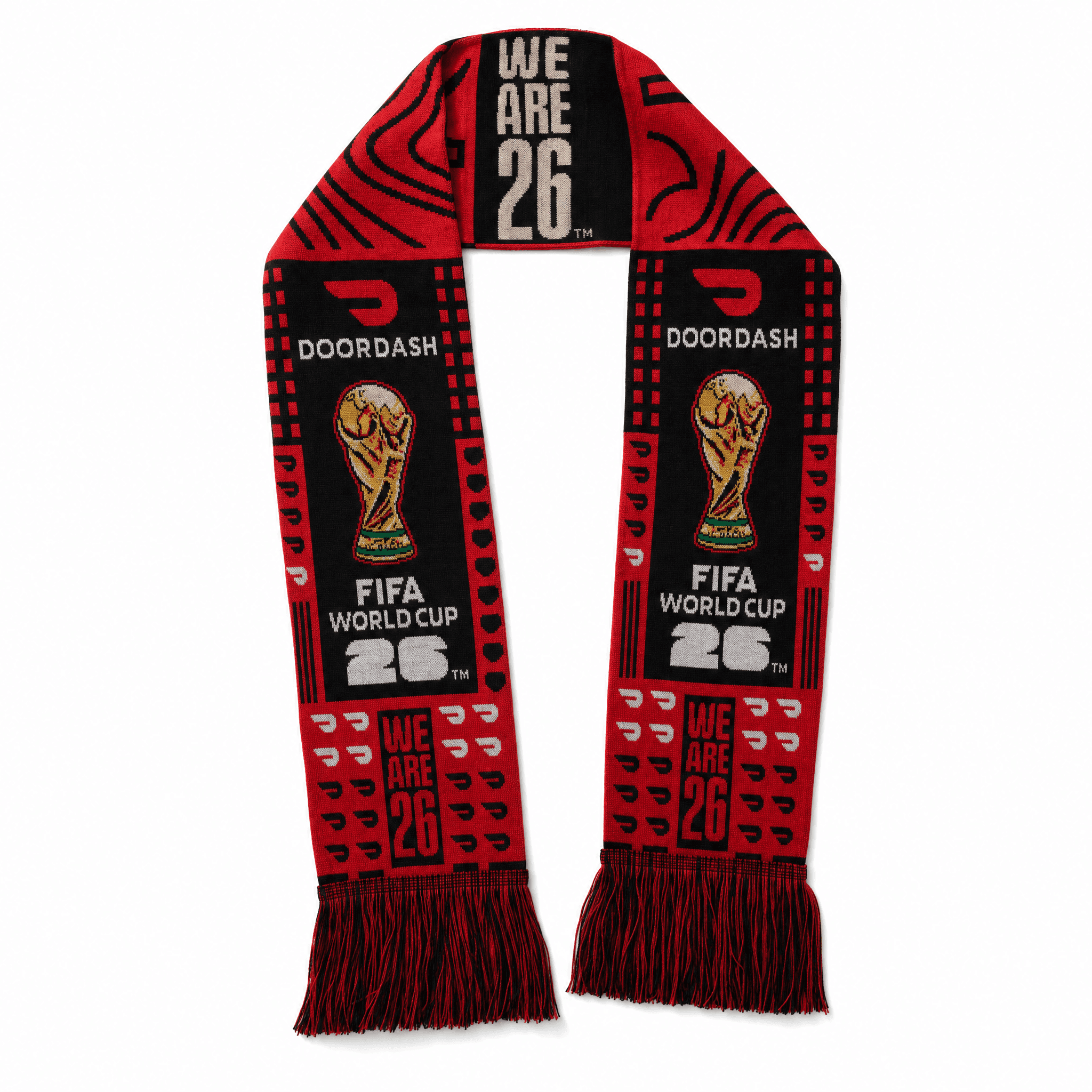 Custom knitted DoorDash soccer scarf produced for FIFA World Cup 2026 event giveaways.