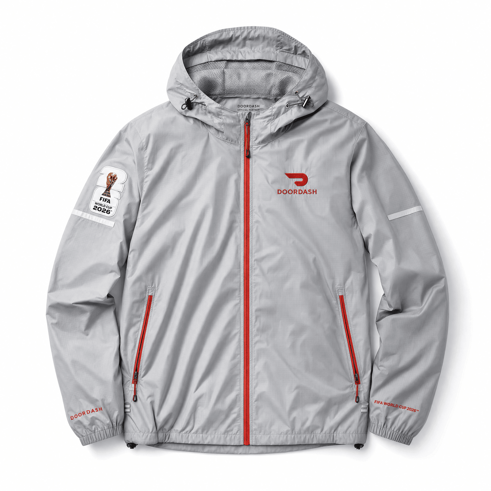 Custom DoorDash windbreaker designed for soccer fan activations and branded event experiences.