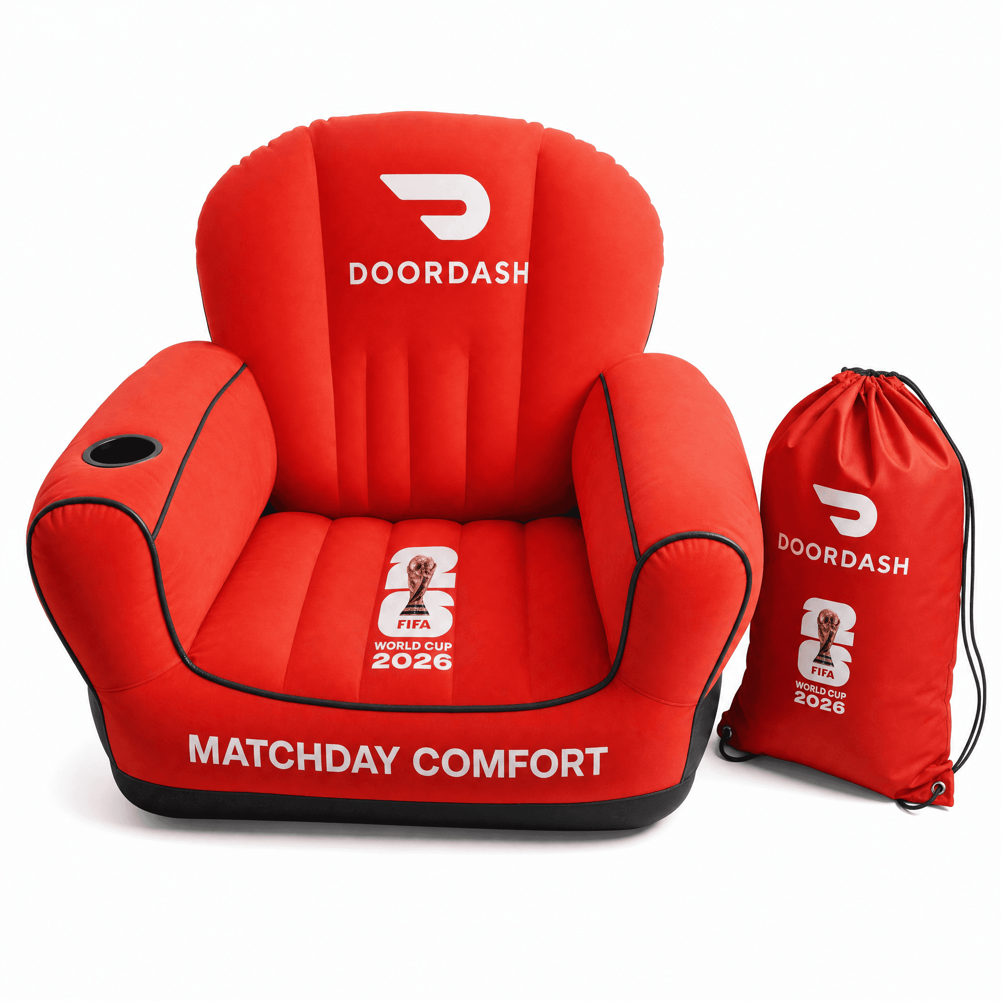 Inflatable lounge chair featuring custom DoorDash branding, created for outdoor fan festivals and FIFA World Cup 2026 activations.