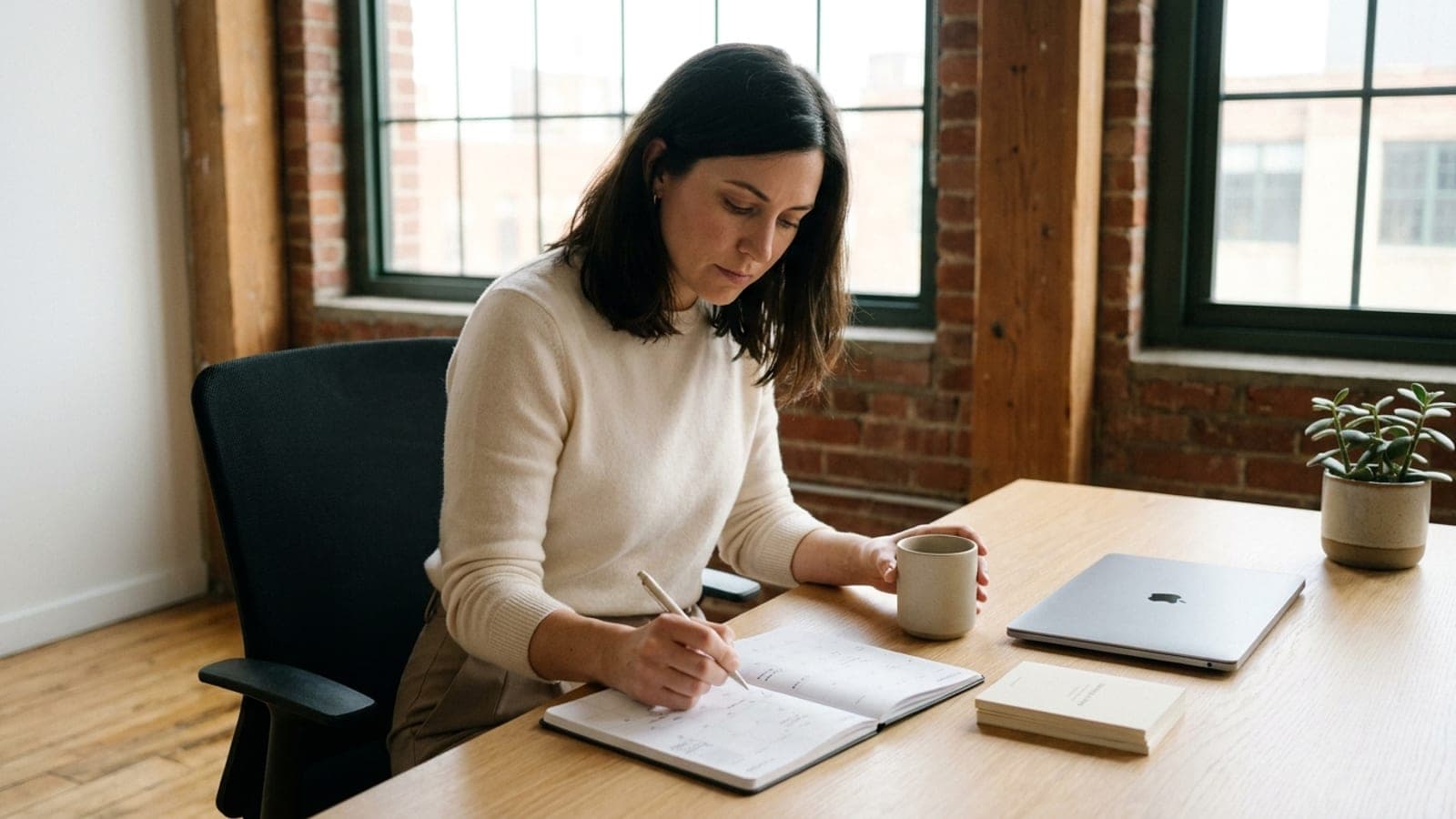A mid-30s People Ops leader at her desk planning the gifting year in a sunlit Brooklyn office