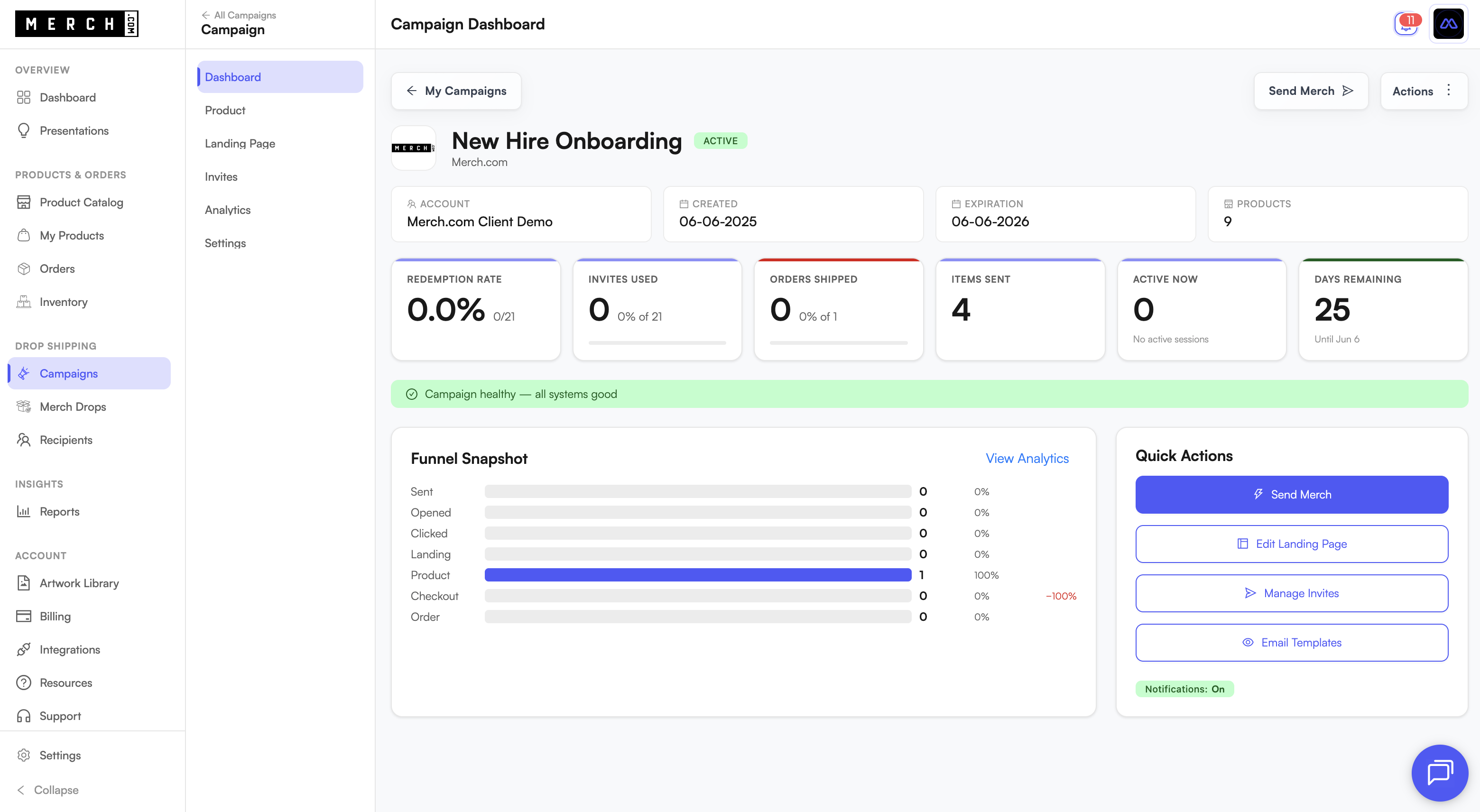 Merch.com platform campaign dashboard — manage swag campaigns, track invites, and ship branded merch globally